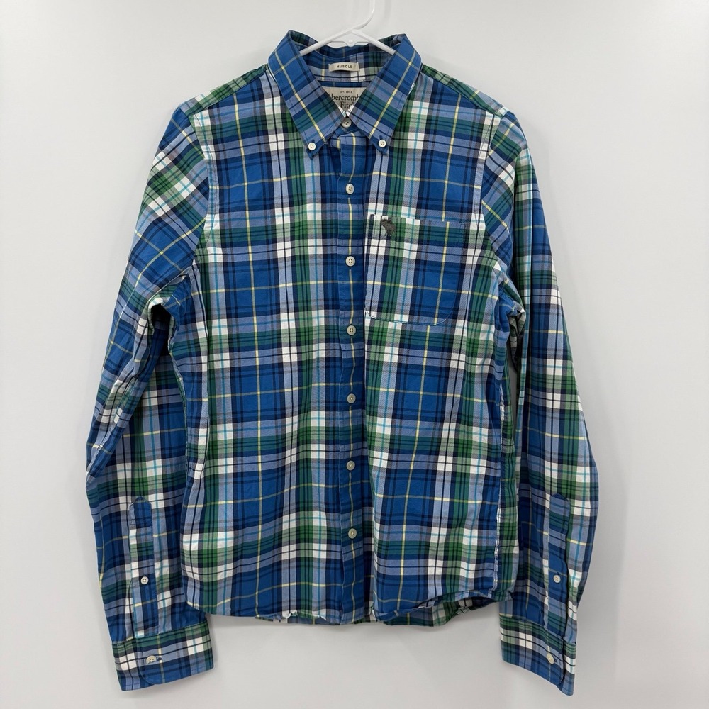 Abercrombie & Fitch Mens large Button Down Shirt Muscle Fit Blue Plaid